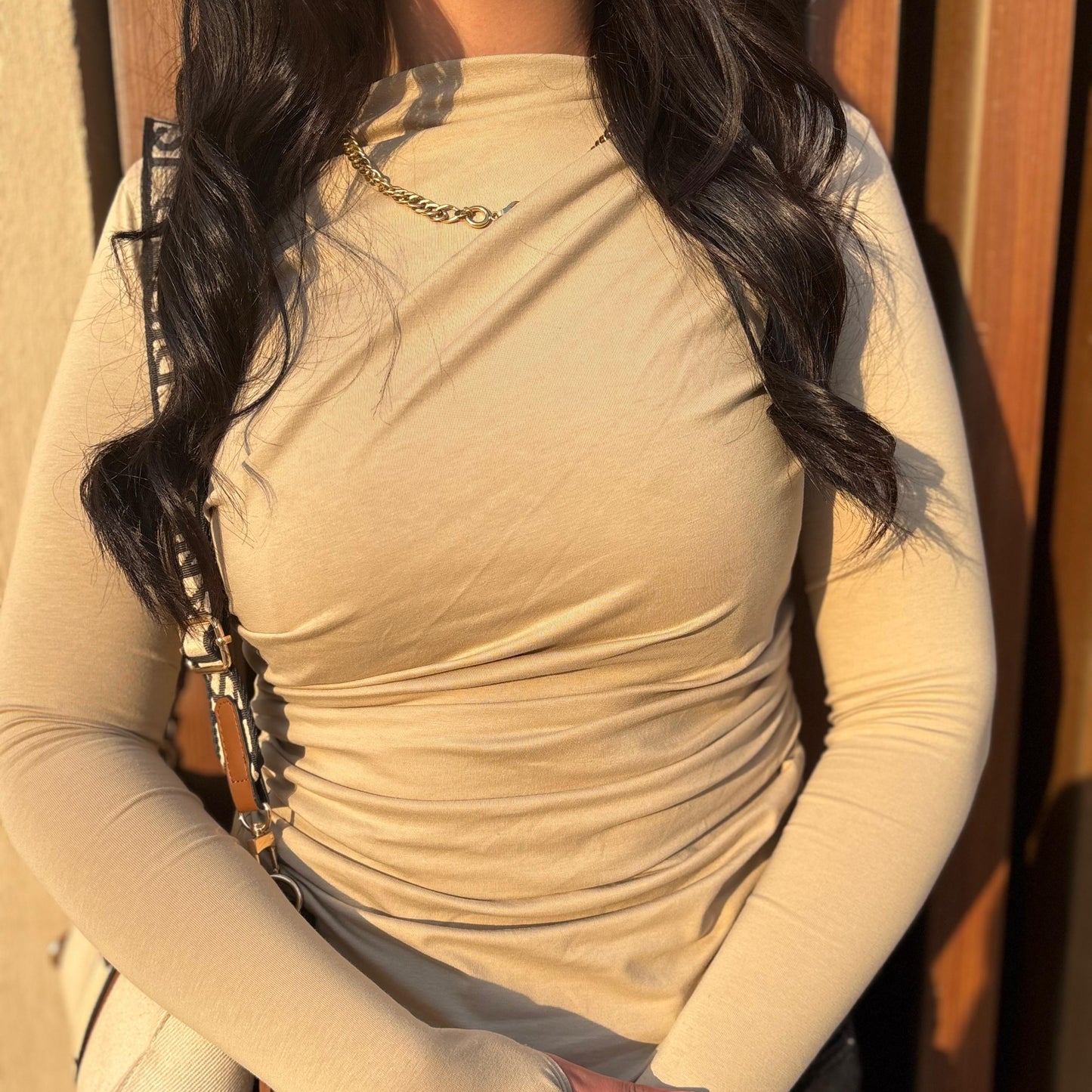 Maven Ruched Long Sleeve Top in Beige