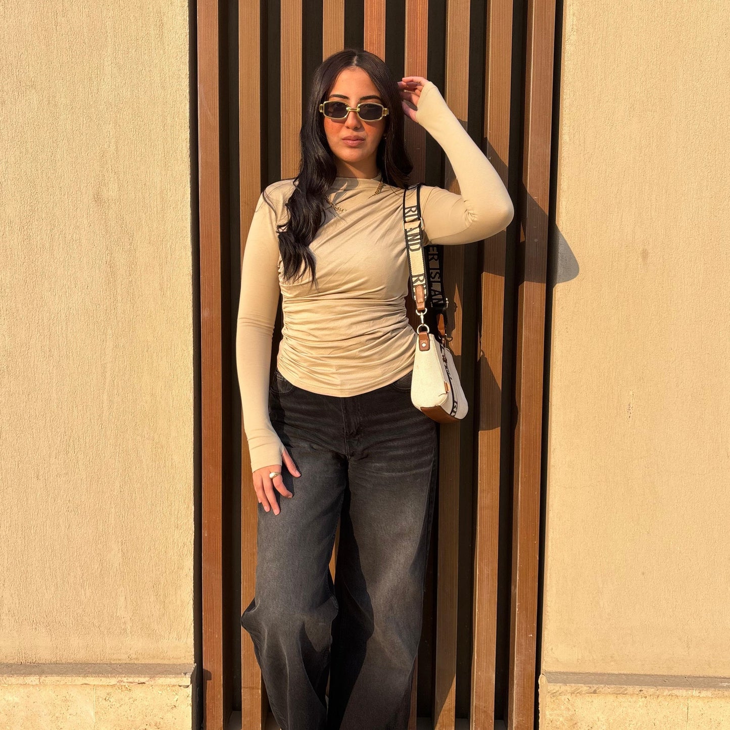 Maven Ruched Long Sleeve Top in Beige
